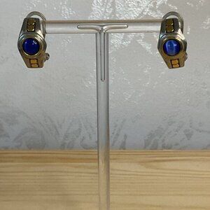 Vintage Silver Tone Earrings Blue Cats Eye Stone Accents Timeless Retro